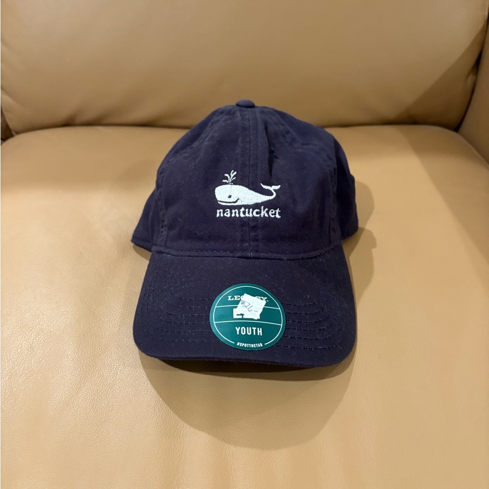 Navy Baseball Hat with Embroidered Whale and Nantucket